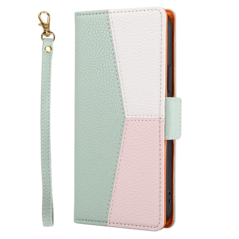 Color-blocked Phone Leather Case with Card Slot, Flip Cover, and Protective Hand Strap